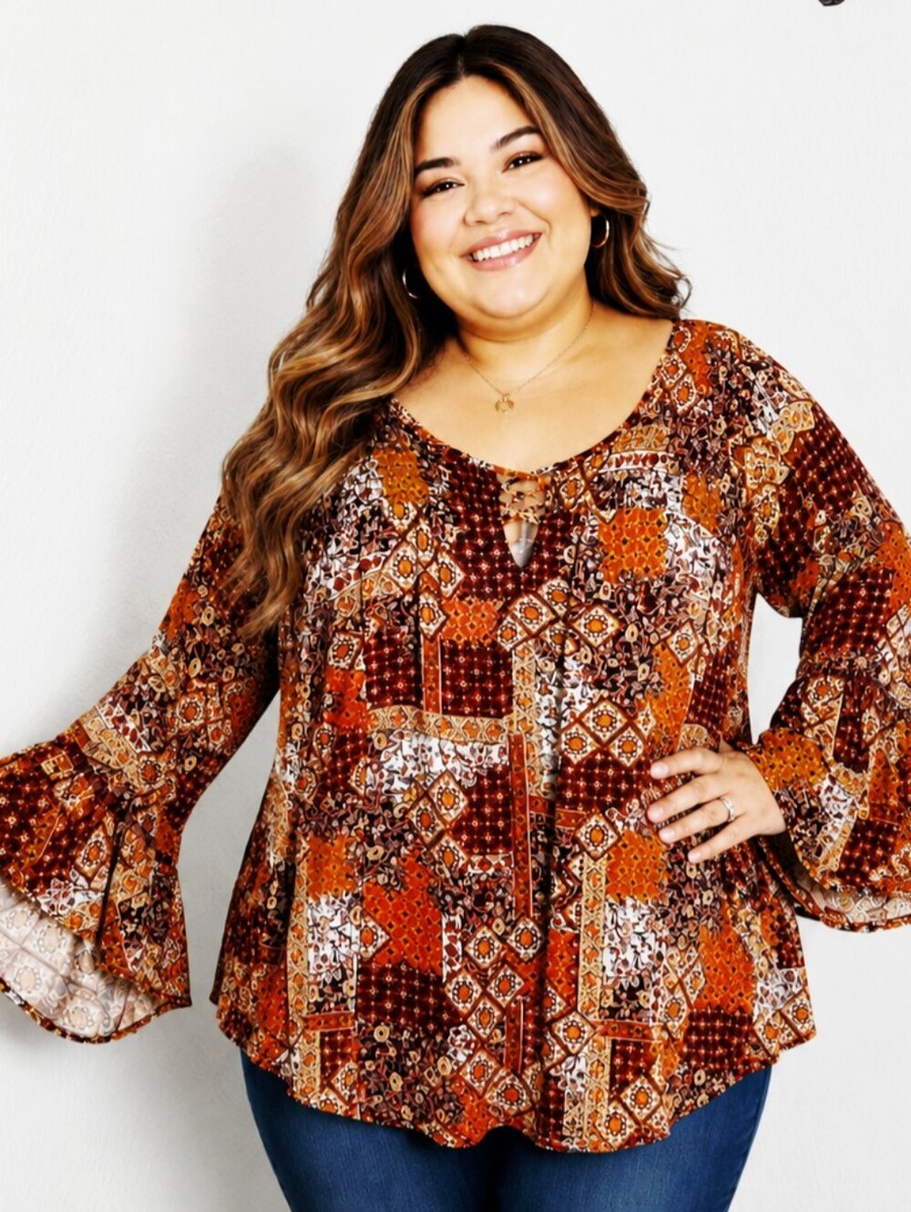 Westport 1962 Rust Patchwork Top, Criss-Cross Neckline, Bell Sleeve, Size 3X